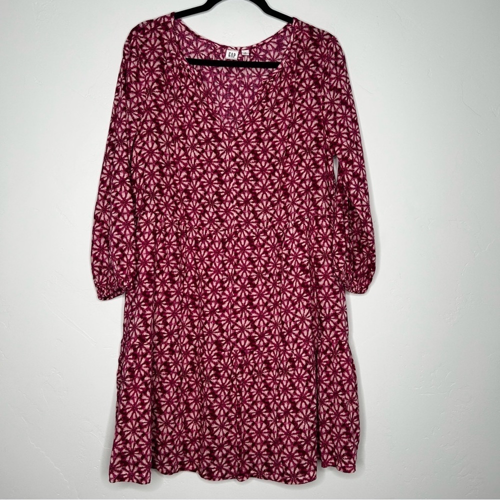 GAP Magenta Pink Floral Print Dress 3/4 Sleeves Size Medium Cotton Blend Midi